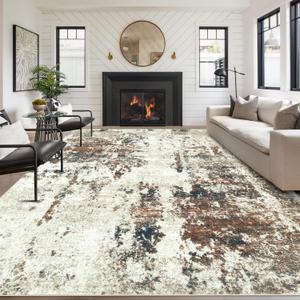 Living Room Rug 9x12 Rug, Machine Washable Modern Abstract Rug Soft Neutral Area Rug Non-Slip Stain Resistant Large Rugs for Living Room Dining Room Bedroom Dorm Office(Brown,9'x12')