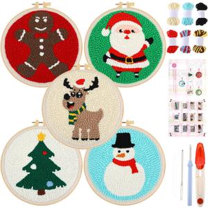 VitalCozy 5 Pcs Christmas Punch Needle Embroidery Starter Kits for Adults and Beginners Christmas Tree Santa Snowman Gingerbread Elk Punch Needle Kit with Hoops Yarns Tools Instructions for DIY Craft