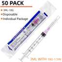 50 Pack 3ml Luer Lock with 18 Gauge 1.5 Inch for Scientific Labs Measuring and Dispensing, Individually Sealed Wrapped
