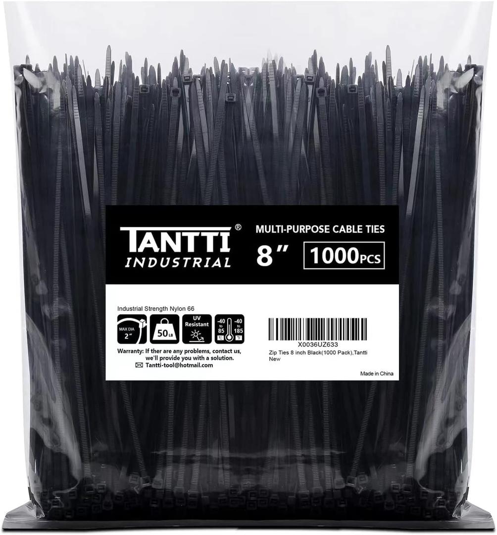 Zip Ties 8 inch Black Zip Ties 1000 Pack, Wire Ties with 50lb Tensile Strength, UV Resistant Cable Ties, Self-locking Plastic Ties for Indoor and Outdoor Use, by Tantti.