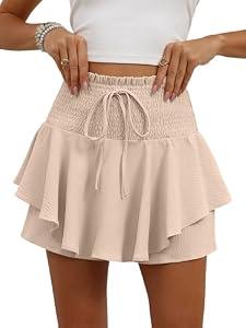 Caracilia Summer Shorts for Women Flowy Mini Skirts Elastic High Waist 2026 Tiered Ruffle Casual Golf Tennis Short Skorts Parchment X-Small