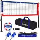 32FT Outdoor Portable Volleyball Net Set, Adjustable Height & Winch Red | Anti-sag Includes volleyball, pump, boundary line and carry bag; adjustable to 8, 7.8 and 7.4 FT for backyard, beach & lawn
