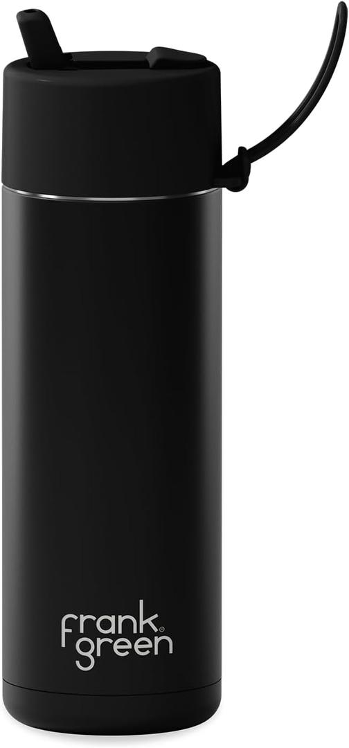 Frank Green - Ceramic Reusable Bottle - Stainless Steel Water Bottle With Straw, Insulated Water Bottle, Metal Water Bottle - Flip Straw Lid - 20oz - Midnight