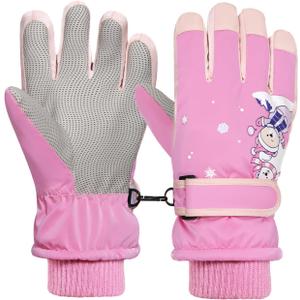 Rhino Valley Snow Gloves for Kids, Waterproof Ski Gloves for Cold Weather, Non-Slip Kids Waterproof Mittens with Adjustable Magic Tape, Boys/Girls Snow Mittens for Winter Outdoor Activities (Medium, Rose Pink)
