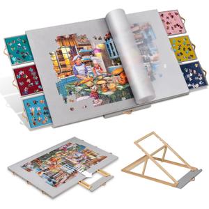 Tektalk Flannelette Covered Jigsaw Puzzle Table with Integrated Adjustable Stand & Cover, 3-Tilting-Angle Wooden Plateau Portable Puzzle Board with 6 Sorting Drawers, for Up to 1500 Pieces - Gray