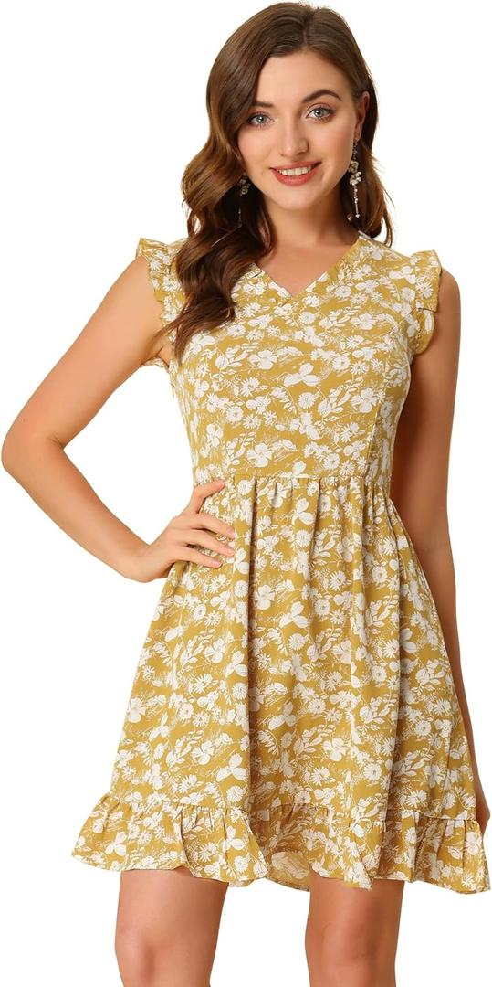 Allegra K Women's Floral Print V Neck A-Line Summer Sleeveless Ruffle Mini Dress (Medium)