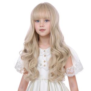 Children Light Blonde Wig Long Blonde Wig with Bangs for Girls Kids Wavy Curly Wigs Heat Resistant Synthetic Wigs with Cap