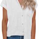 siliteelon Linen Shirts for Women Button Down Shirts Short Sleeve Cotton Collared V Neck Solid Casual Blouses with Pocket (Large, White)