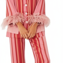 Women Feather Trim Holiday Pajamas Cute Bow Heart Satin Pjs Silk Long Sleeve Button Pajama Shirt Lounge Pants Sets (Small)