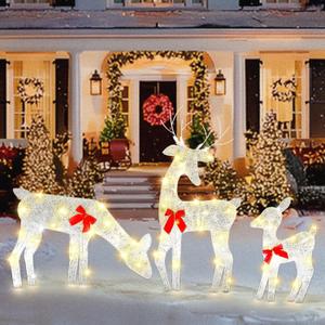 ATDAWN Light Up Deer, Christmas Yard Decoration, Indoor Outdoor 60LEDs 2D Lighted Deer Family for Christmas Yard Decoration Light Up Display