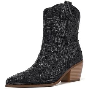 RONILURN Cowgirl Ankle Boots Cowboy Boots for Women Western Booties Rhinestone Chunky Heel Fashion Comfortable Side Zipper, 8.5