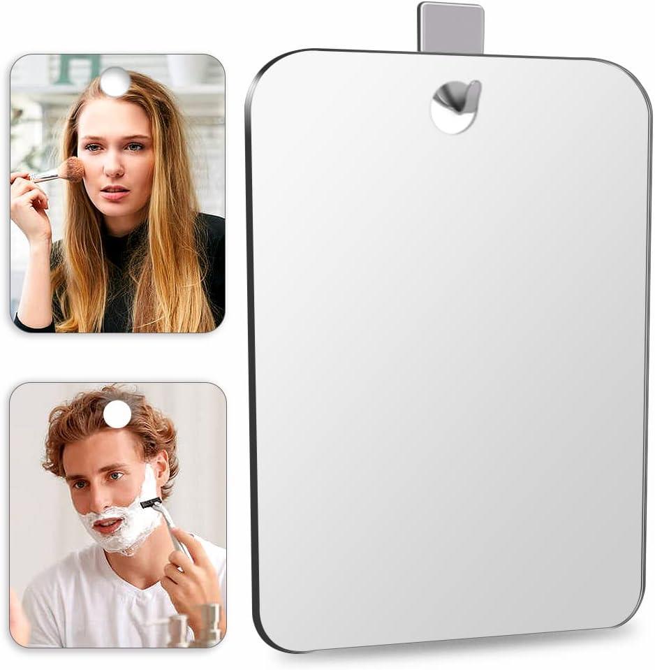 Shatterproof Shower Mirror Fogless for Shaving(2 Pack,Larger 10.7x8 inch) 43% Than Original,Unbreakable Deluxe Plexiglass Makeup Mirror,Largest Bathroom Wall Hanging,Portable Handheld Camping,Silver