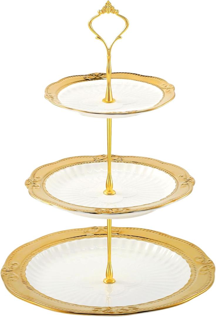 Kochorie 3 Tier Ceramic Cupcake Stand Tiered Serving Tray with Gold Rim White Embossed Cake Stand British Style Porcelain Dessert Table Display Set for Wedding, Birthday, Tea Party & Home Décor