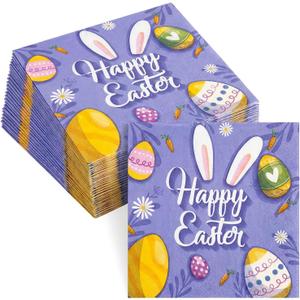 2 x ibohr 50Pcs Easter Napkins, Cute Cocktail Napkins with Eggs & Carrots, 6.5 Inch Disposable Paper Napkins for Easter Party Supplies, Spring Table Decor