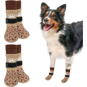 SCENEREAL Dog Socks to Prevent Licking Paws for Hot/Cold Pavement, Anti Slip High Top Dog Grip Socks for Hardwood Floors, Dog Shoes Booties&Paw Protector for Small Medium Large Senior Dog, Khaki M (M(Pack of 4), Classic Style-Khaki)