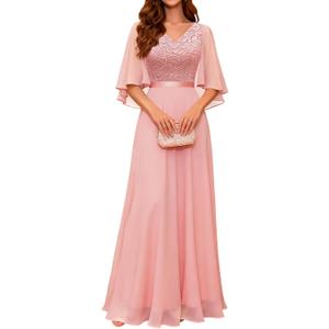 DRESSTELLS Formal Wedding Guest Dresses, 2026 Spring Bridesmaid Party Cocktail Evening Long Prom Lace Dress (Pink, 2XL)