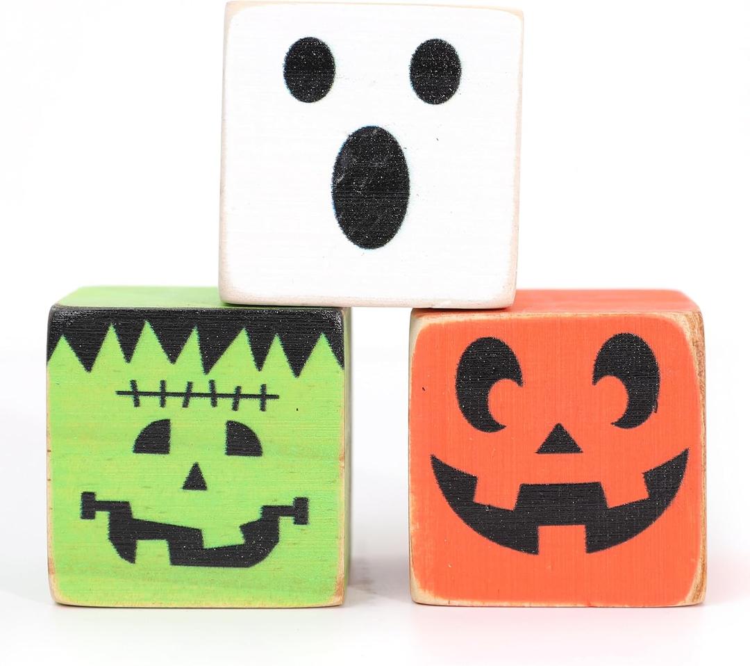 Halloween Square Wood Block Decorations - Fall Pumpkin Ghost Decorations,Spooky Tiered Tray Decorations,Halloween Party Photo Props,Pumpkin Ghosts Square Wooden Blocks Home Decorations