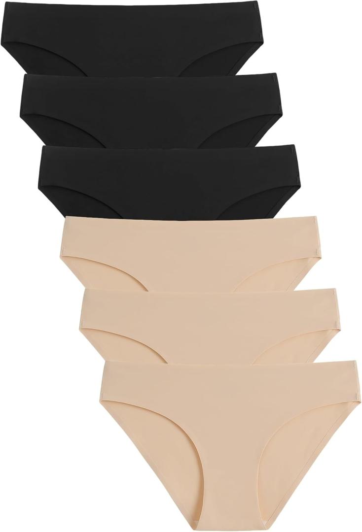 Caterlove Women's Seamless Underwear No Show Stretch Bikini Panties Silky Invisible Hipster 6 Pack (Large)