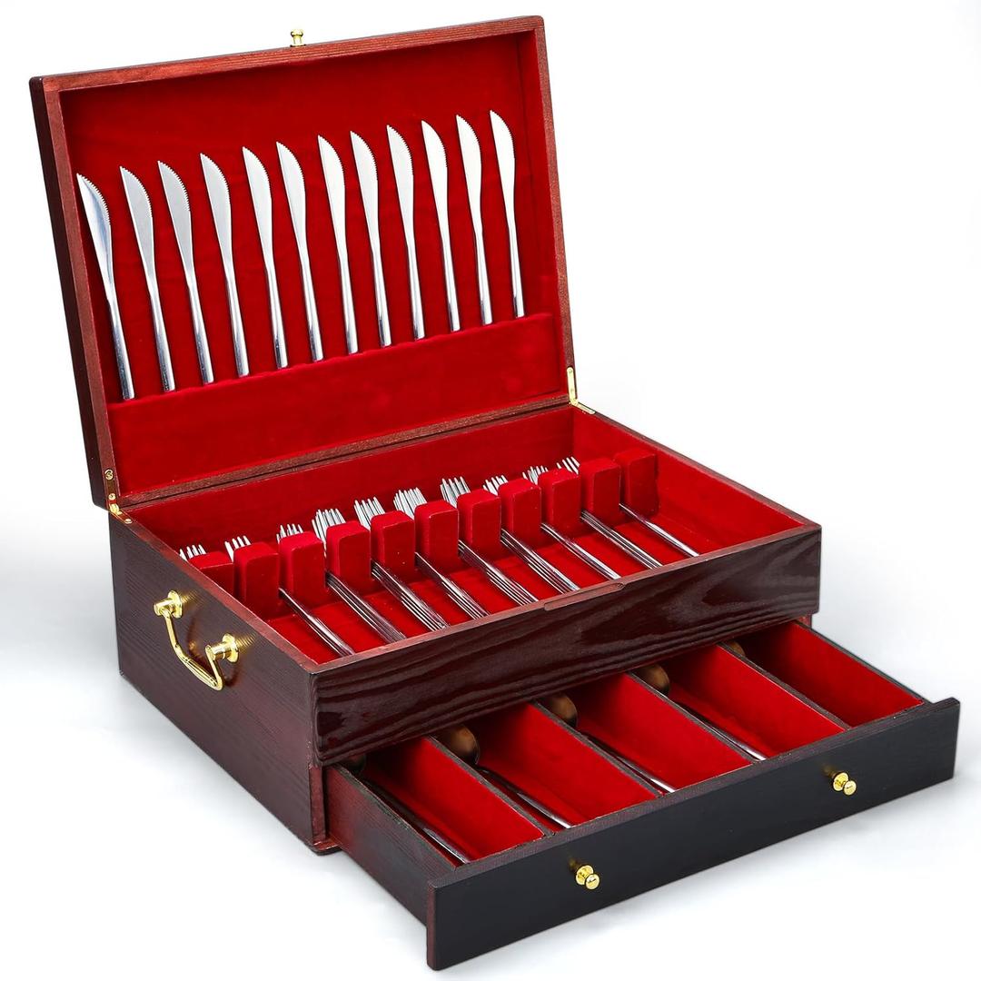 Silverware Storage Box with Pull out Drawer Wooden Anti Tarnish Flatware Storage Chest Large Cutlery Knife Organizer Decorative Case for Utensils(15.75 x 11.81 x 6.3 Inch,2 Layer) (15.75 x 11.81 x 6.3 Inch, 2 Layer)