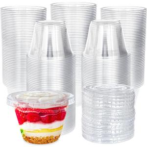 Tiaiidi 100 Pack 6 oz Clear Plastic Cups,Disposable Parfait Cups with Flat Lids(No Hole),Party Dessert Cups for Cold Drinks,Fruit,Cupcake,Ice Cream,Snack