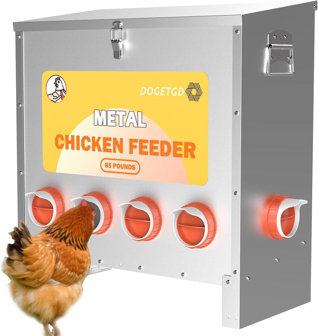 Automatic Chicken Feeder No Waste Metal Poultry Feeder Large Capacity 85lbs for Chickens, Geese, Ducks, Turkeys, Quails (10-Port)