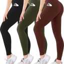 Blisset 3 Pack High Waisted Leggings for Women with Pockets Soft Active Tummy Control Pants for Yoga Running & Daily Wear (Large-X-Large, 018-black/Green/Brown)