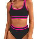 BMJL Women's High Waisted Bikini Sets Sporty Two Piece Swimsuit Color Block Cheeky High Cut Bathing Suits(S,Black Pink)