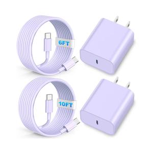 Compatible with Phone 16 15 17 Charger, 20W Fast Charging Wall Charger Block Cubes with 6/10Ft USB C to USB C Cable Compatible with Phone 15/16/17 Plus/Pro Max/Pad Pro Purple, 2Pack