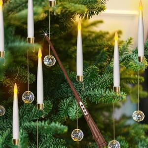 Leejec Christmas Tree Candles with Wand Remote, 10 Pack Battery Operated Flameless Taper Window Candle, Flickering Warm Light, Xmas Tree Decorations with Crystal Ball Hook, Wedding Home Gift