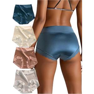 SOLY HUX Women's Satin Silk Briefs Scallop Trim No Show Underwear Lingerie Mid Rise Panties 4 Piece (Medium, Grey Beige Multi)