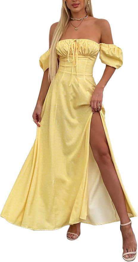 Womens Summer Square Neck Puff Sleeve Floral Split Maxi Dress Flowy A Line Beach Long Dresses, Yellow, Size XXL