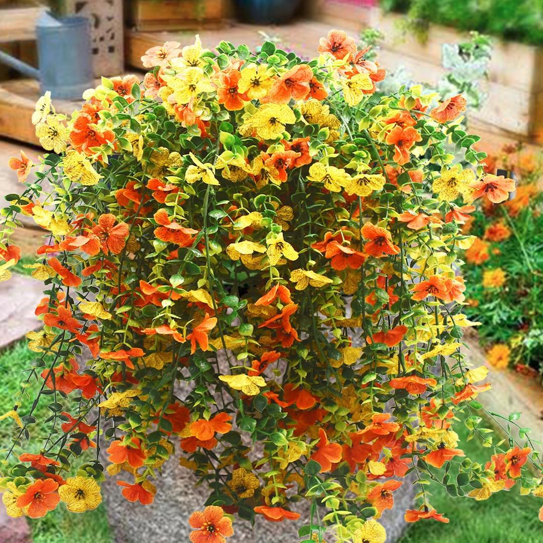 Artificial Hanging Flowers Plants for Outdoor Spring Decoration,2 Pcs Faux Silk Daisy with Eucalyptus Leaves,UV Resistant No Fade Look Real Violet for Outside Home Indoor Decor (Yellow+Orange)