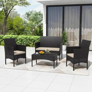 4 Piece Patio Rattan Conversation Set, Outdoor Rattan Chair Wicker Furniture Set, Couple Seats and Tempered Glass Table,Comfort Seat for Patio, Pool or Backyard