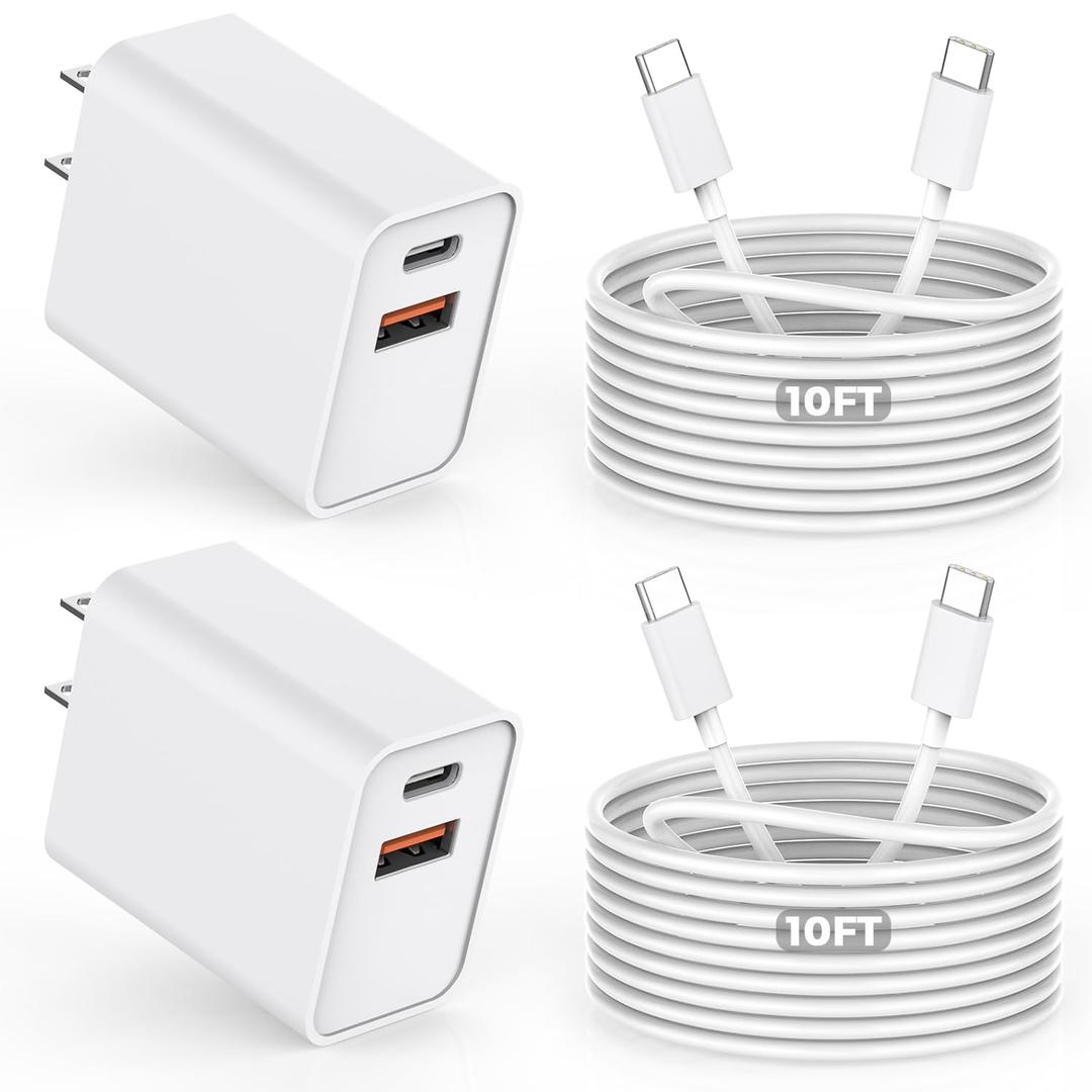 10FT iPhone 17/16e Fast Charger,2Pack 20W Dual Port USB C+A Power Adapter 10Foot Long USB C to C Fast Charging Cable Cord Quick Charging for iPhone 17 Air/17 Pro/17 Pro Max/16/16 Pro/15/15 Pro/Pro Max (White/White)