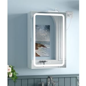 Rovaurx Medicine Cabinet with Mirror, 15.7 x 23.6 Inch Bathroom Wall Cabinet with Lights, LED Bathroom Mirror with Storage, Adjustable Shelf, 3-Color Modes, 2 Outlets & USBs, White BMGZ115W
