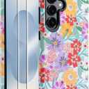 J.west Compatible with Samsung Galaxy S25 Case 6.2 inch with 2 Pack Tempered Glass Screen Protectors Cute Floral Flowers Hybrid Cover for Girls Women Aesthetic Protective Phone Cases Pink Spring
