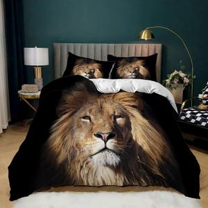 AILONEN Lion Duvet Cover Set Queen Size,3D Print Tiger Bedding Set Kids Girls and Boys,Animal Theme Comforter Cover Set,1 Quilt Cover 2 Pillowcases 3 Piece (Light Gray)