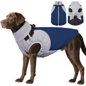 DENTRUN Dog Coat with Harness Built in, Easy On/Off Zipper Closure Winter Dog Vest, Water-Repellent Fleece Lined Warm Jacket with Reflective for Medium Dogs, Dark Blue, L