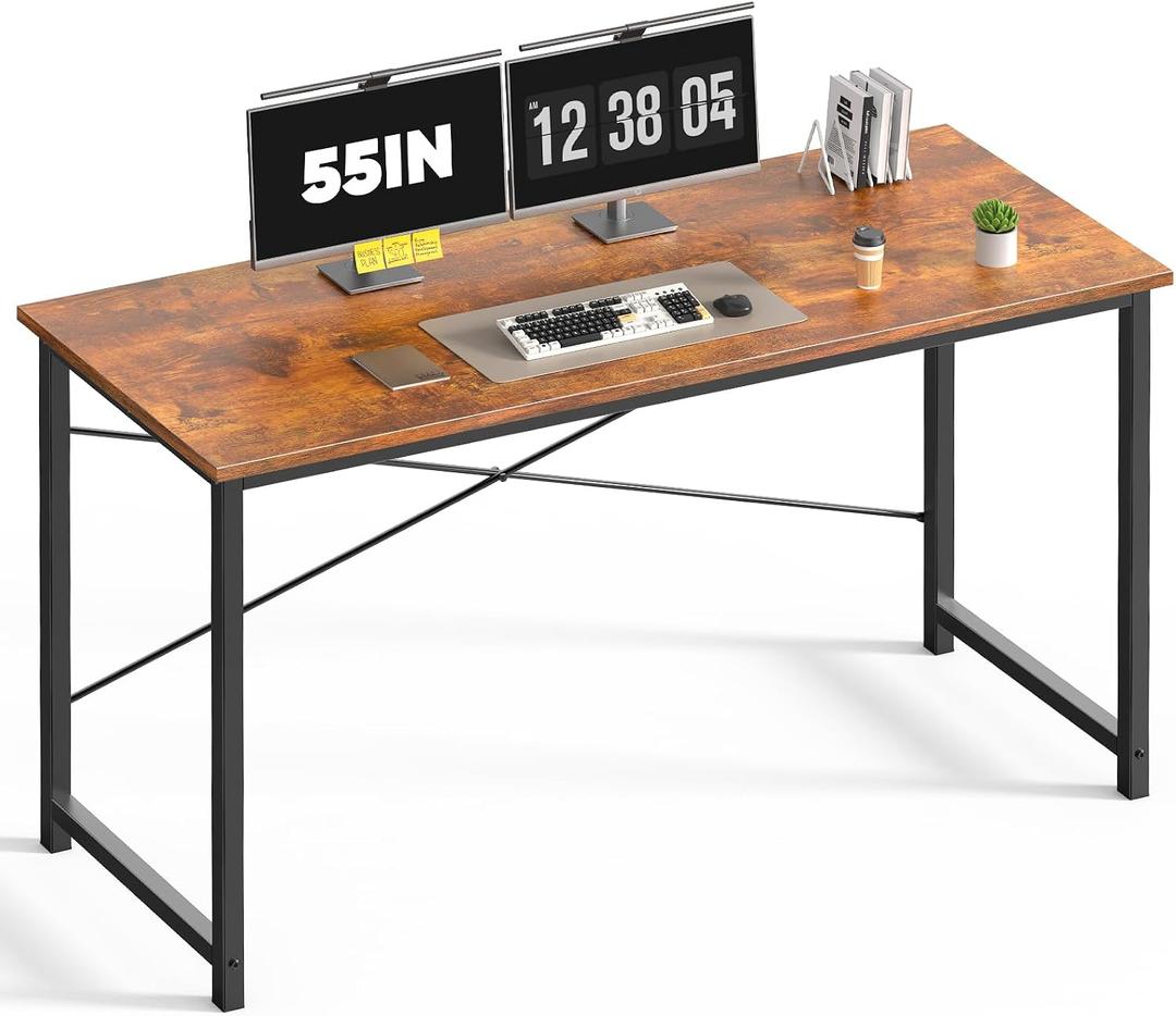 DUMOS 55 Inch Computer Office Desk Writing Gaming Study Work Large Desks for Bedroom Home Office with Metal Frame Simple Modern PC Table Workstation, Wood Brown
