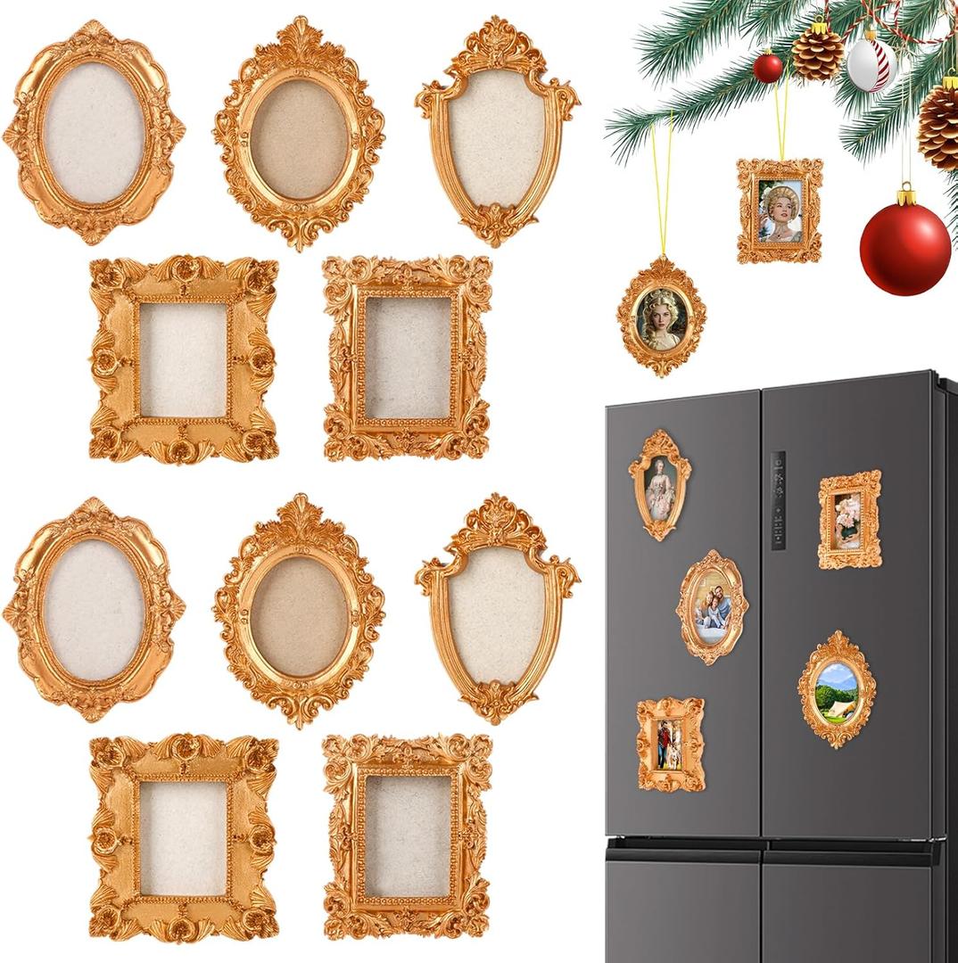 10 Pcs Mini Vintage Magnetic Frames Small Vintage Picture Frames with Rope and Fridge Magnet for Christmas Decor, Refrigerator Display, and Vintage Style Picture Keeping (Gold)