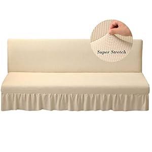 Stretch Armless Futon Cover with Skirt Knitted Jacquard Futon Sofa Bed Cover Machine Washable Futon Couch Cover Futon Sofa Cover Furniture Bed Protector with Elastic Bottom for Kids, Pets(Beige)