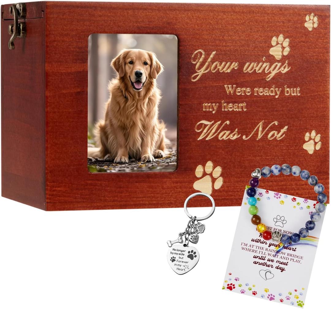 Pet Urns for Dog or Cat Ashes Sets Pet Cremation Urns Large Wooden Rainbow Bridge Keepsake Memory Box with Photo Frame Loss Pet Memorial Remembrance Gift (Large-Rainbow)