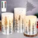 Christmas Flickering Flameless Pillar Candles with Remote Battery Operated Warm Light Silver Christmas Pine Tree Decal Real Wax Candle for Home Decoration Winter Party Gifts, Set of 3