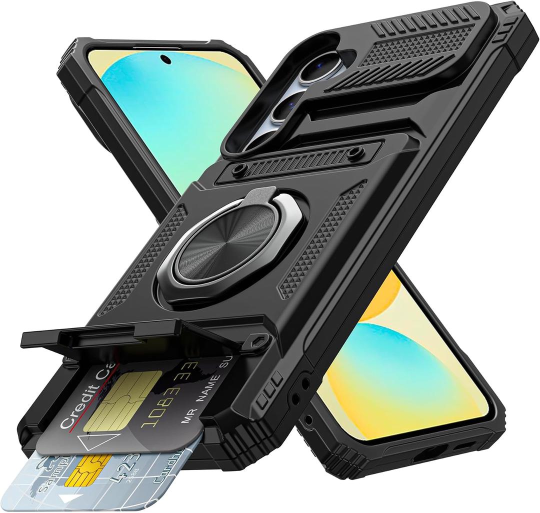 Vofolen for Samsung Galaxy S24 FE Case with Card Holder [Store 2 Cards] +360 Rotated Ring Kickstand Dual Layer Heavy Duty Shockproof Wallet Cover for Galaxy S24 FE Case for Women Men, Black
