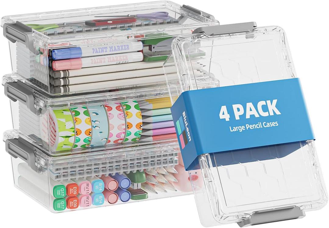 BiuLeon 4 Pack Extra Large Pencil Box, Plastic Pencil Case Organizer, Clear Crayon Box Marker Organizer, Stackable Craft Organizers and Storage for Pen, Craft, Art Supply(Grey)