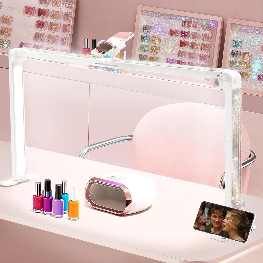 Nail Tech Lamp for Desk, 34 in Large Half Moon Light with Phone Holder, 48W Brightness Adjustable Lash ARC Light for Manicure, Tattoo, Spa, Salon, 3000K-6000K LED Manicure Lamp