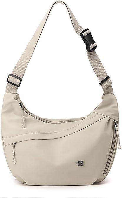 Chibao Beige Crescent Bag for Women Men Nylon Crossbody Bags Multi-Pocket Sling Bag Roomy Hobo Bags Moon Bag Slouchy Dumpling Bag
