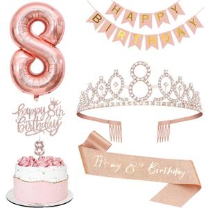 8th Birthday Decorations Set, Including 8th Tiara and Sash, Happy Birthday Banner, Cake Toppers, Number Candles and Balloons Set, Rose Gold