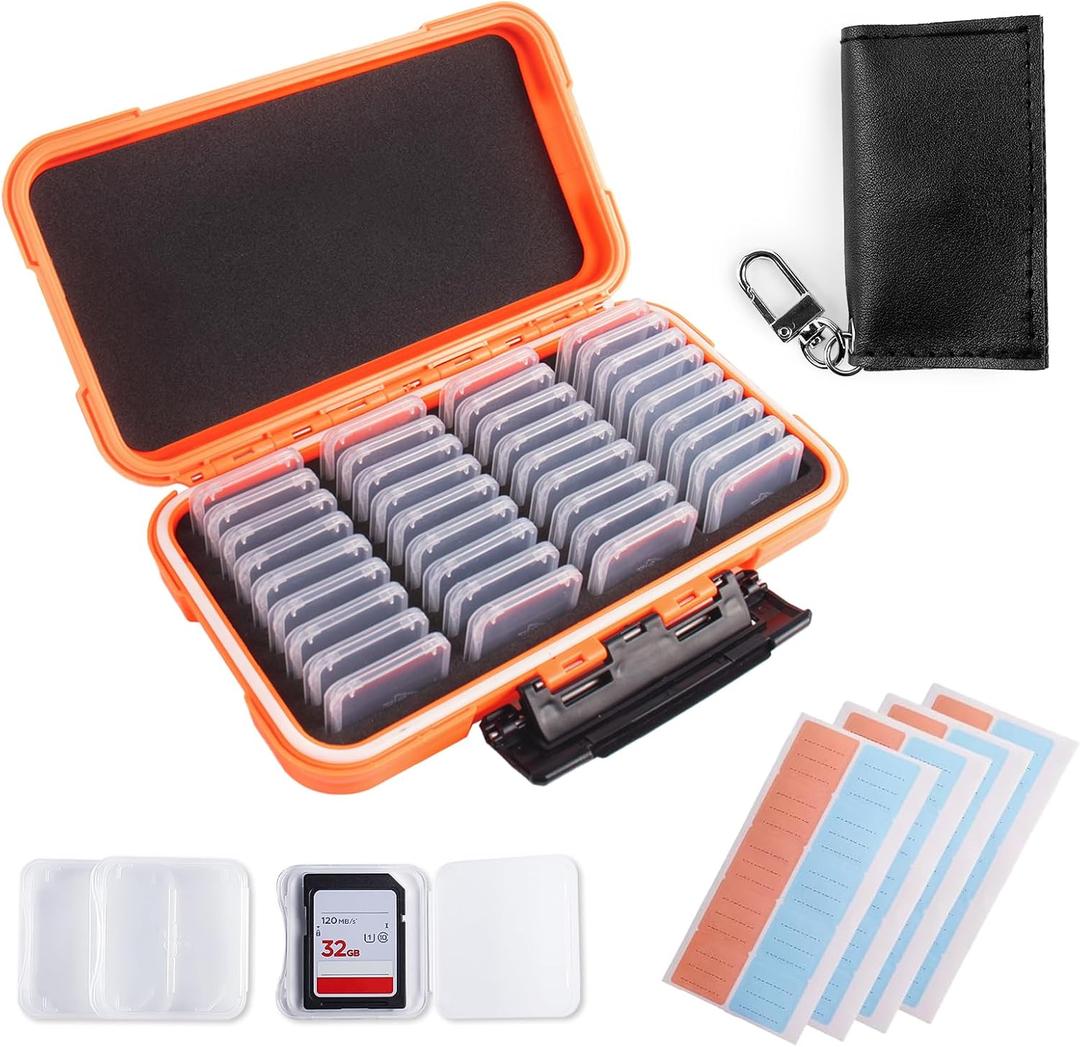 36 Slots Memory Card Case Orange with 36 Transparent Holders & 40 Writable Labels, SD Card Storage Case & Organizer for Camera Memory Cards