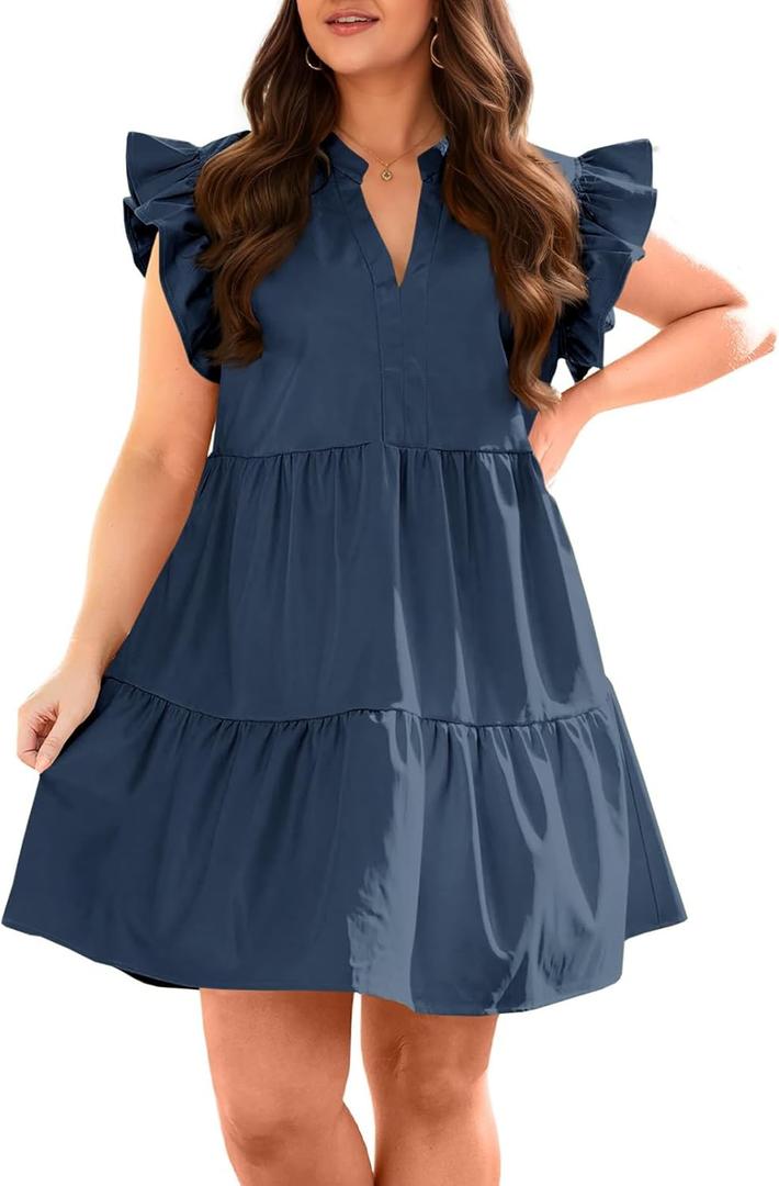 Fisoew Plus Size Dresses for Women Summer Ruffle Short Sleeve V Neck Dress Tiered Swing A Line Babydoll Mini Dress 5XL